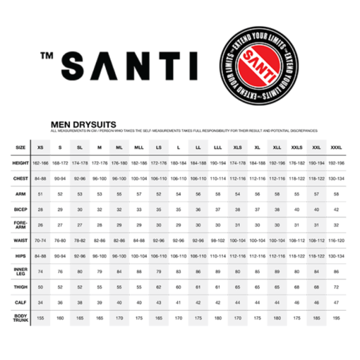 SANTI drysuit men size chart