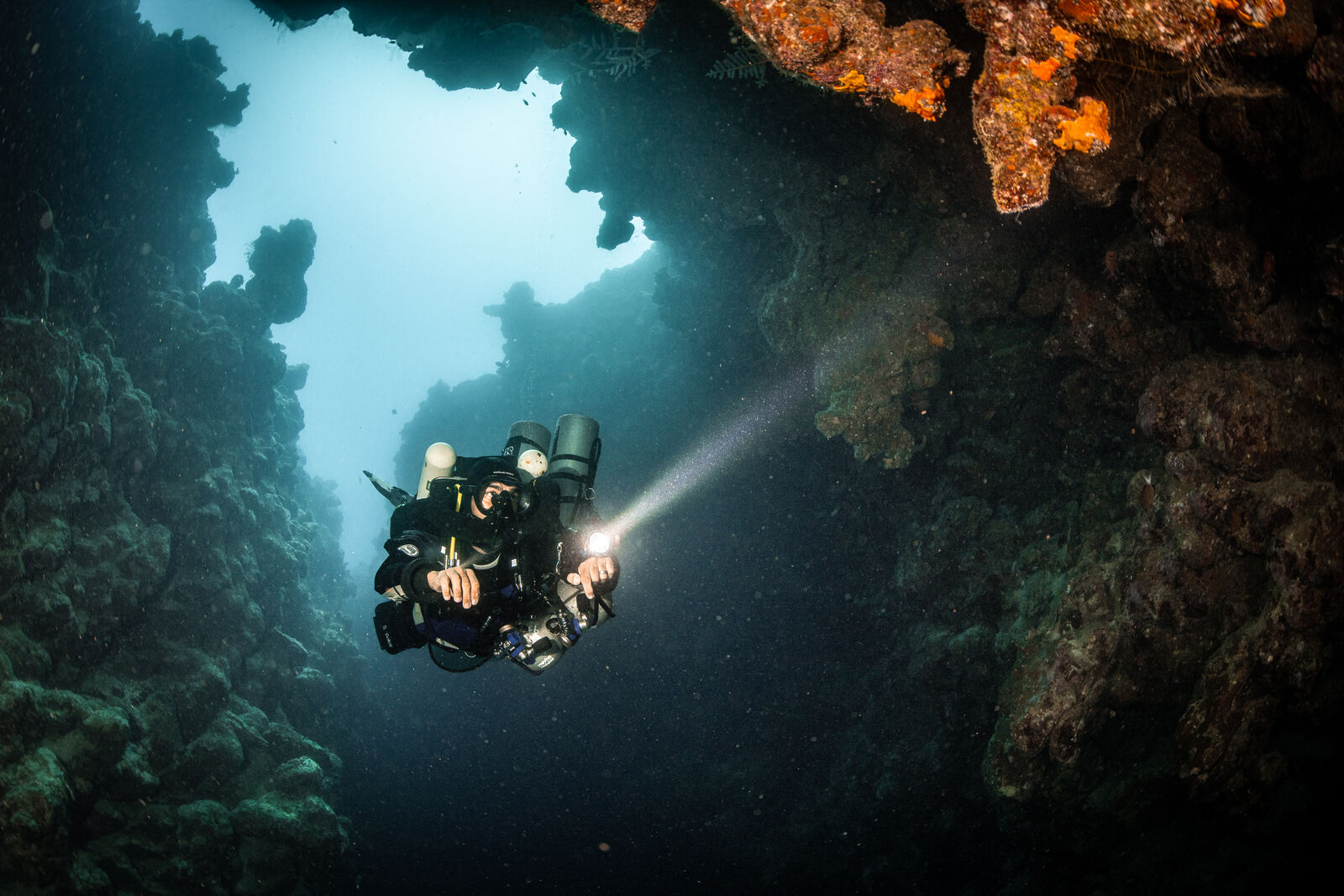 one diver diving on a rebreather at the canyon dive site in dahab egypt