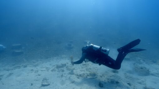 Diver collecting discarded plastic cups